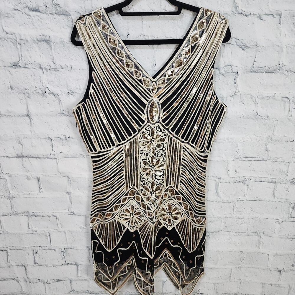 Womens sequen dress Sz XL gold black mini sleeveless party cocktail A7